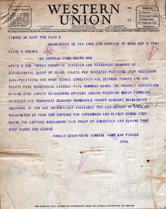 Arnold Telegram, September 6, 1942 (Source: Roberts)
